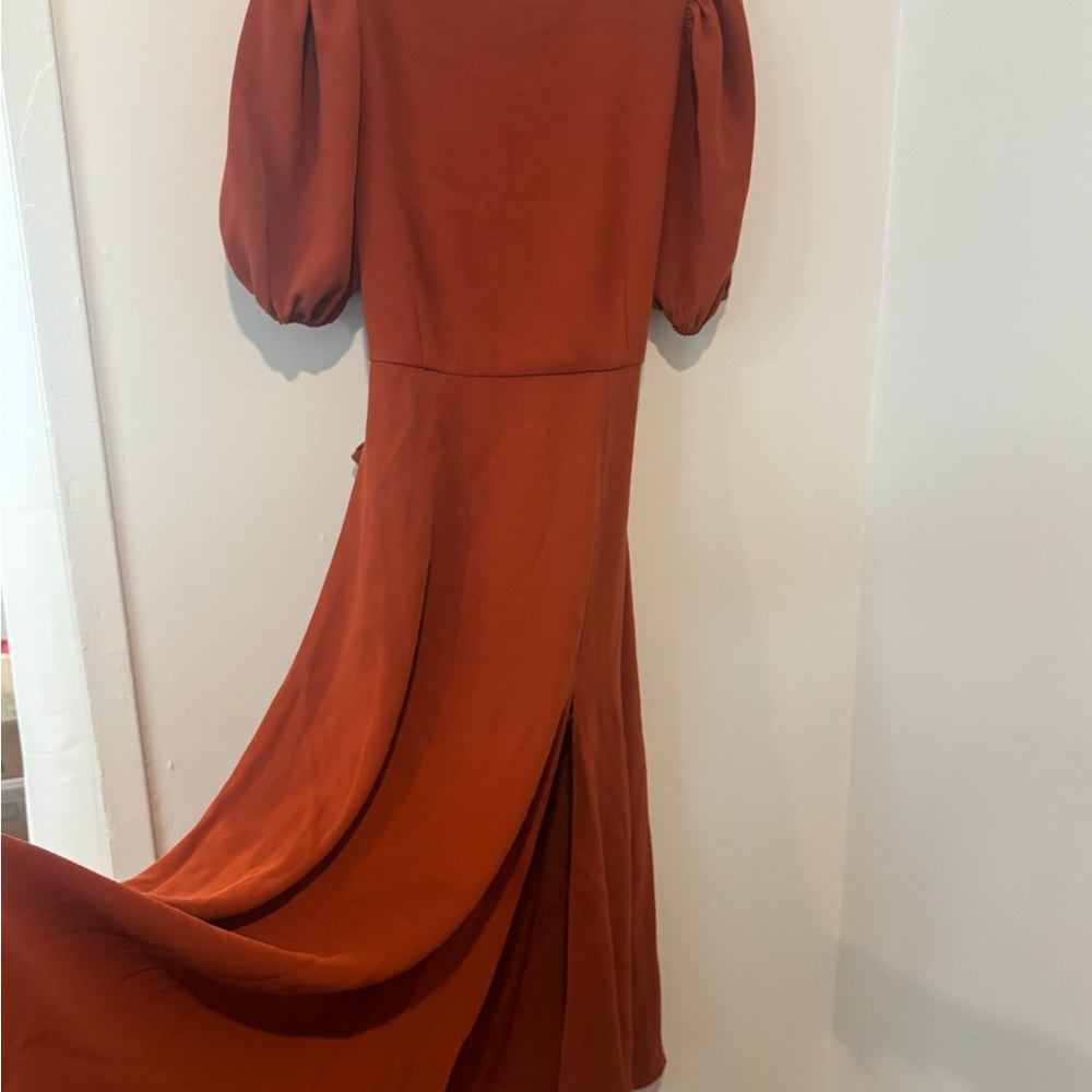 Orange Ruched Tie Front Gown with Puff Sleeves